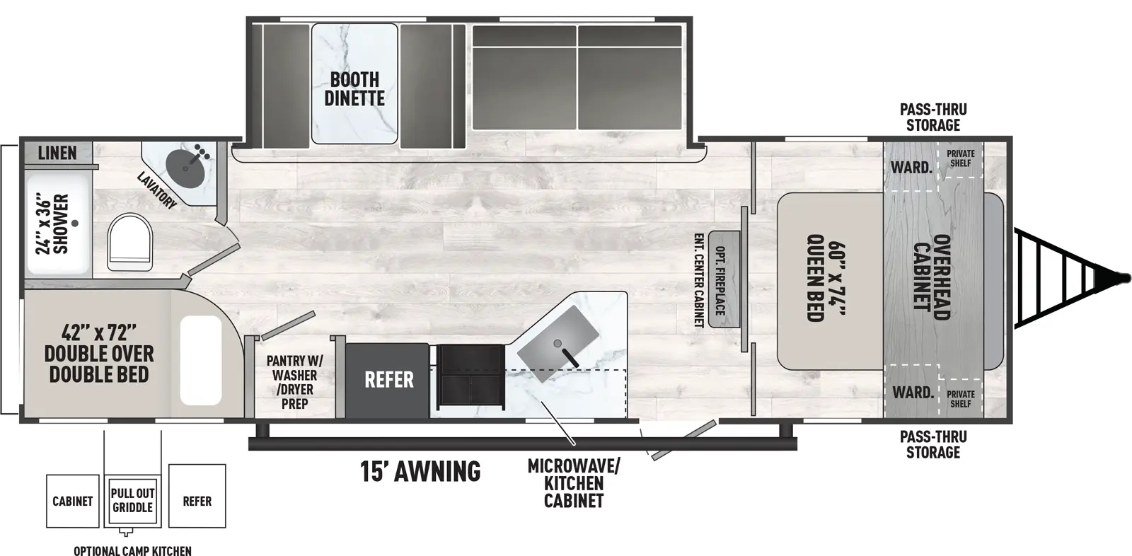 The Viking Travel Trailers 262DBS floorplan has one entry and one slide out. Exterior features include: metal exterior, 15' awning and outside kitchen. Interiors features include: bunk beds and front bedroom.